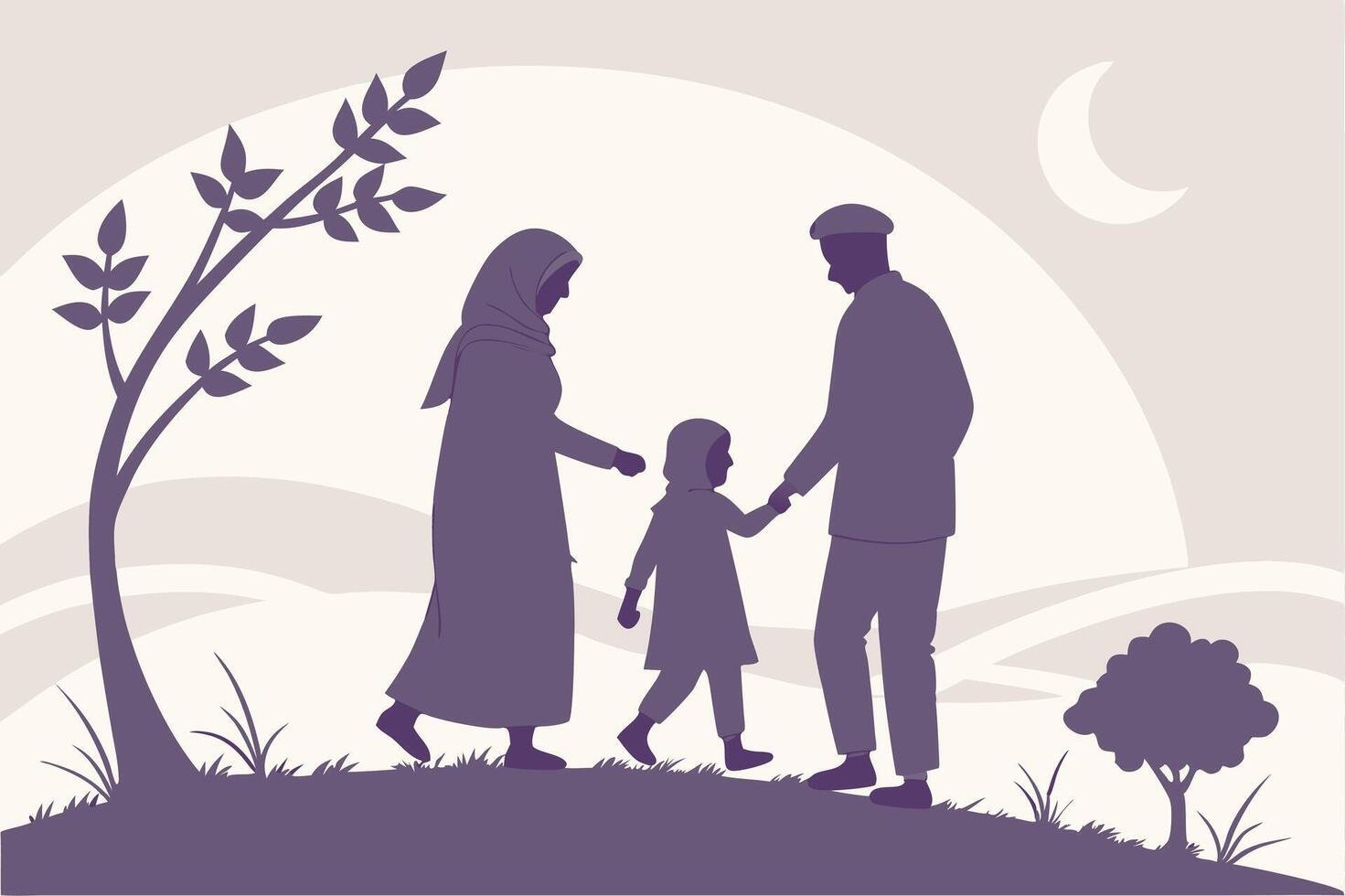 silhouette of a muslim family walking outdoors at dusk free vector